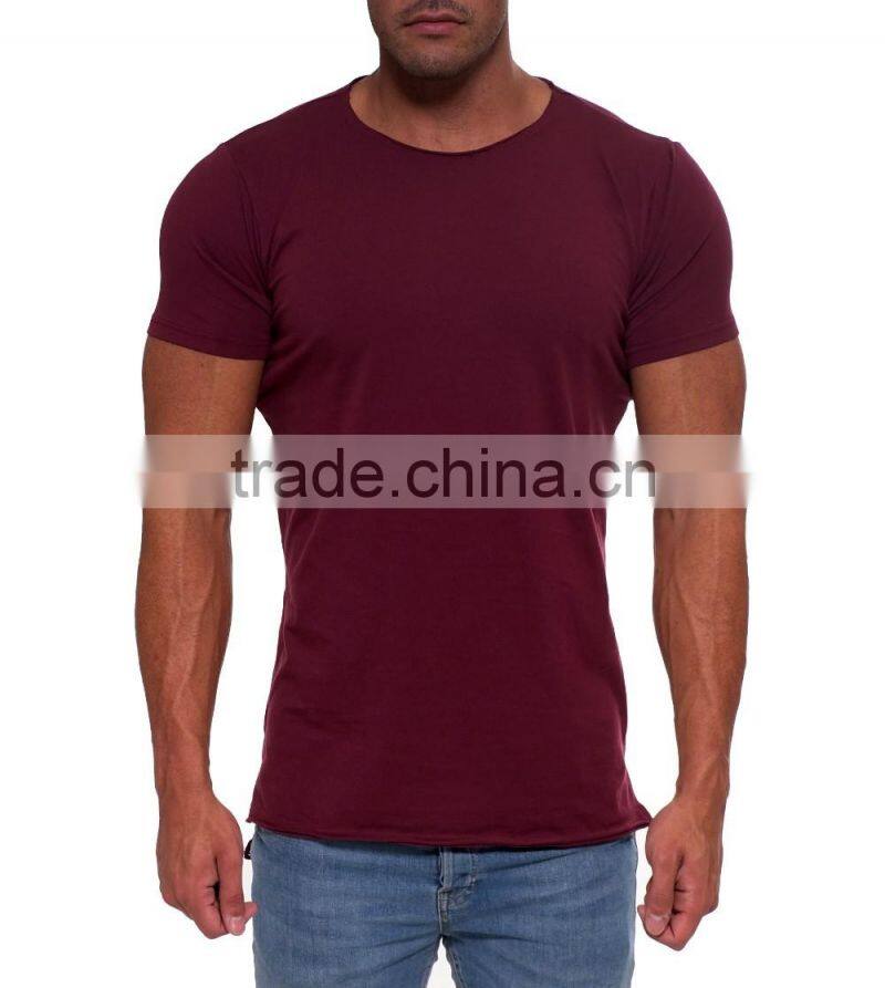 hot sale fashion streetwear oxblood cotton elastane fishtail shirt mucle fit longline short sleeve t shirt with side split