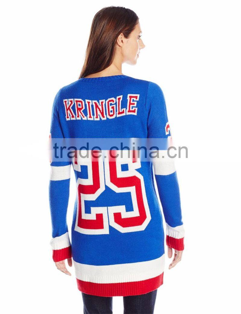 Women Blue Sweater Santa Pattern Christmas Sweater Patterns