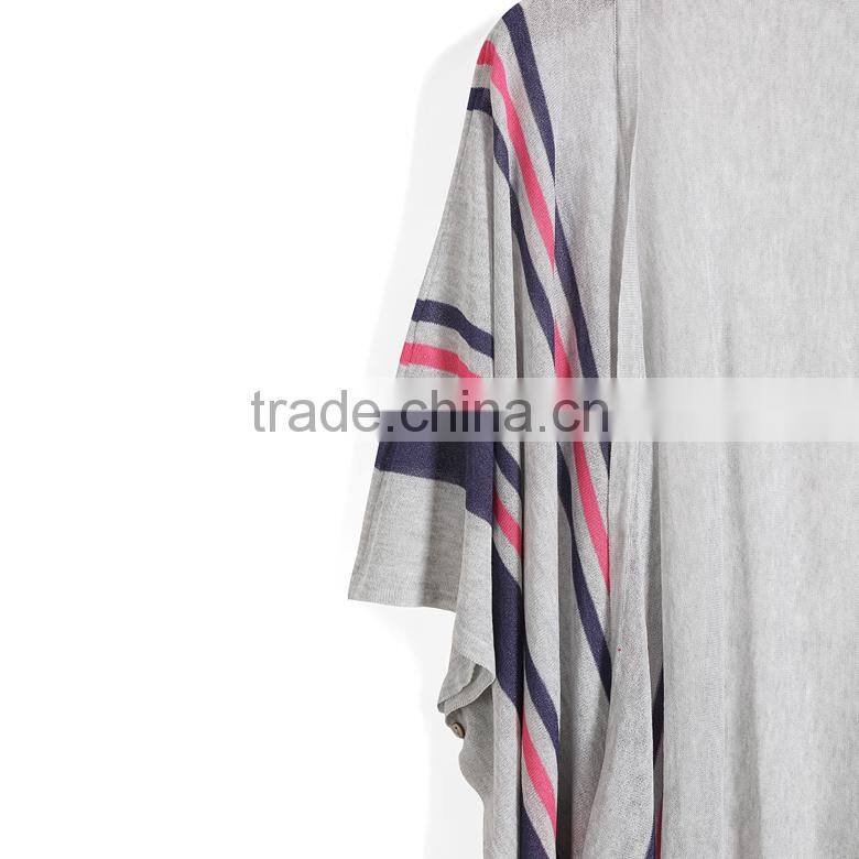 fashion design 3/4 batwing sleeve no button triped knitted poncho