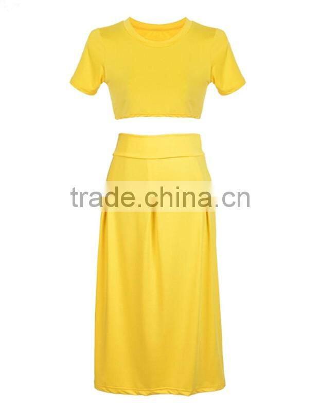 Wholesale 2016 New Fashion Ladies women Dress Elegant Two Pieces Female Dress Summer Women Crop Tops Blouse Pleated yellow Long