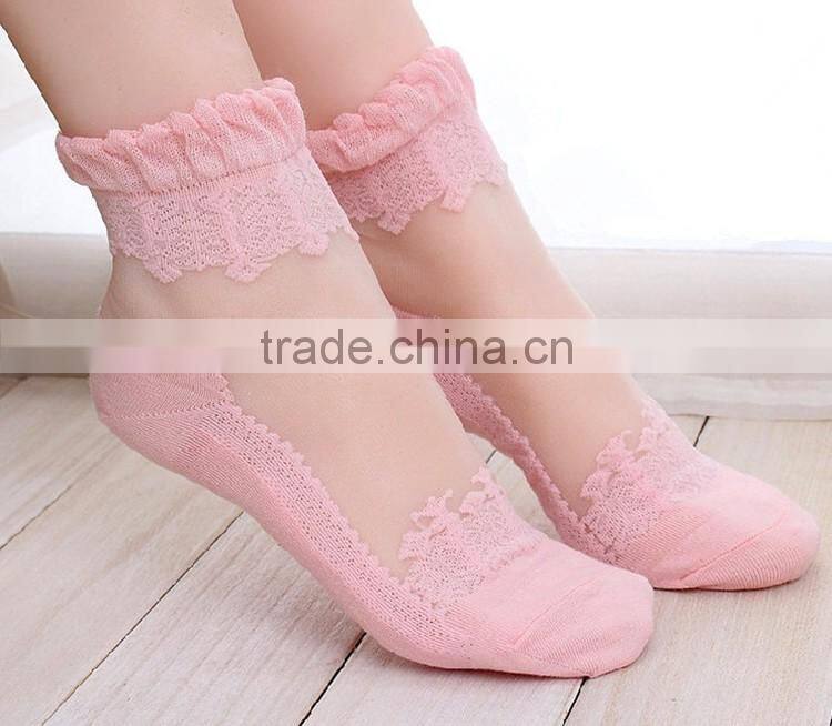 Hot sales Colorful Ultrathin Transparent Beautiful Crystal Lace Elastic Short Women Socks Calcetines Pink Sock for Womens meias