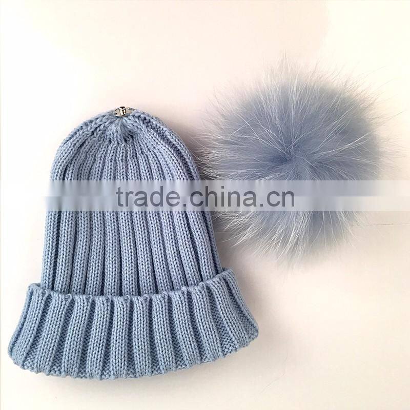 Myfur Wholesale Raccoon Fur Pom Pom Adult Couple Knitting Beanie in Sky Blue