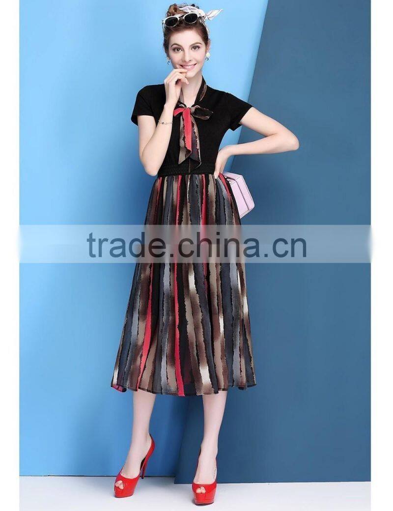 Summer Odile and chiffon combined little V-neck middle/long style dress with waist bow