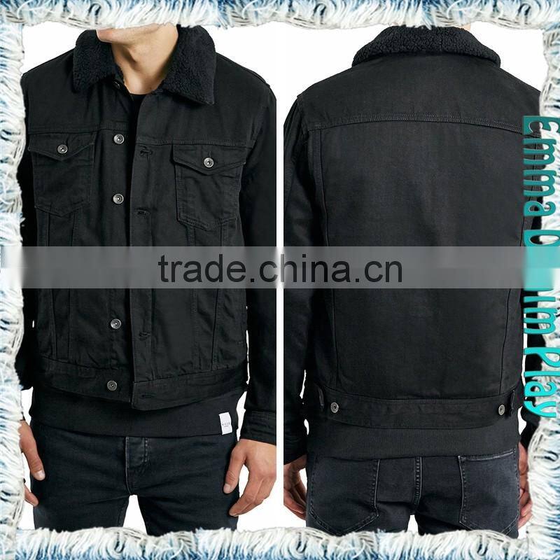 Medium Wash Fur Collar Black Denim Mens Short Jackets
