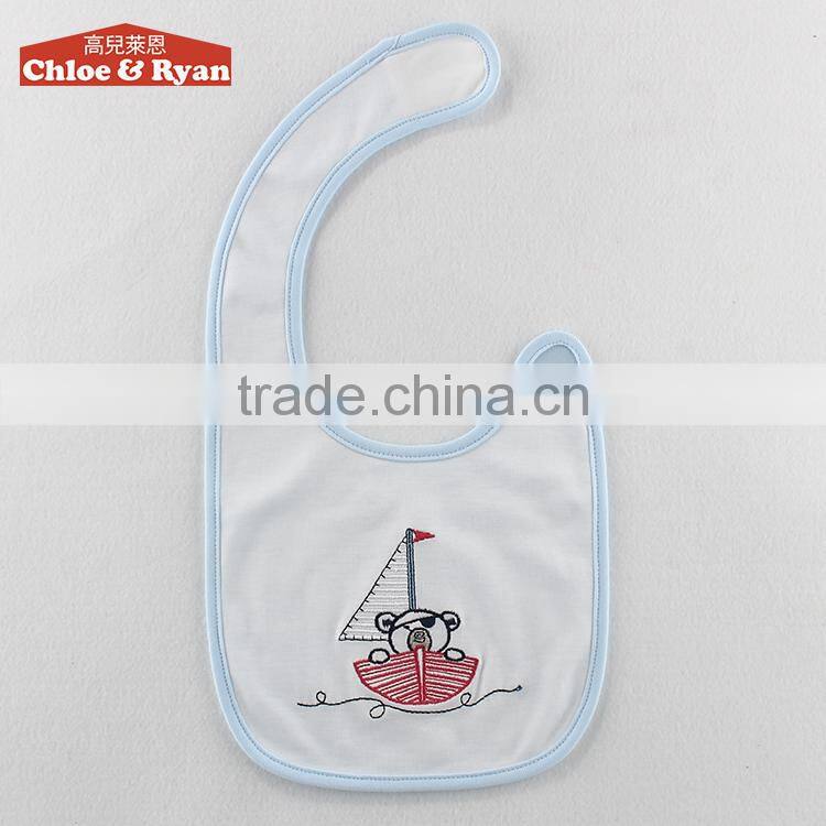 Top quality boutique cute fancy plain blue cotton waterproof baby bib manufacturer
