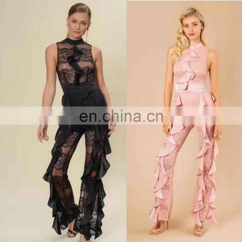 Fashion New Designs Sleeveless Ruffle Front Lace Black Rompers Jumpsuits for Women 2017