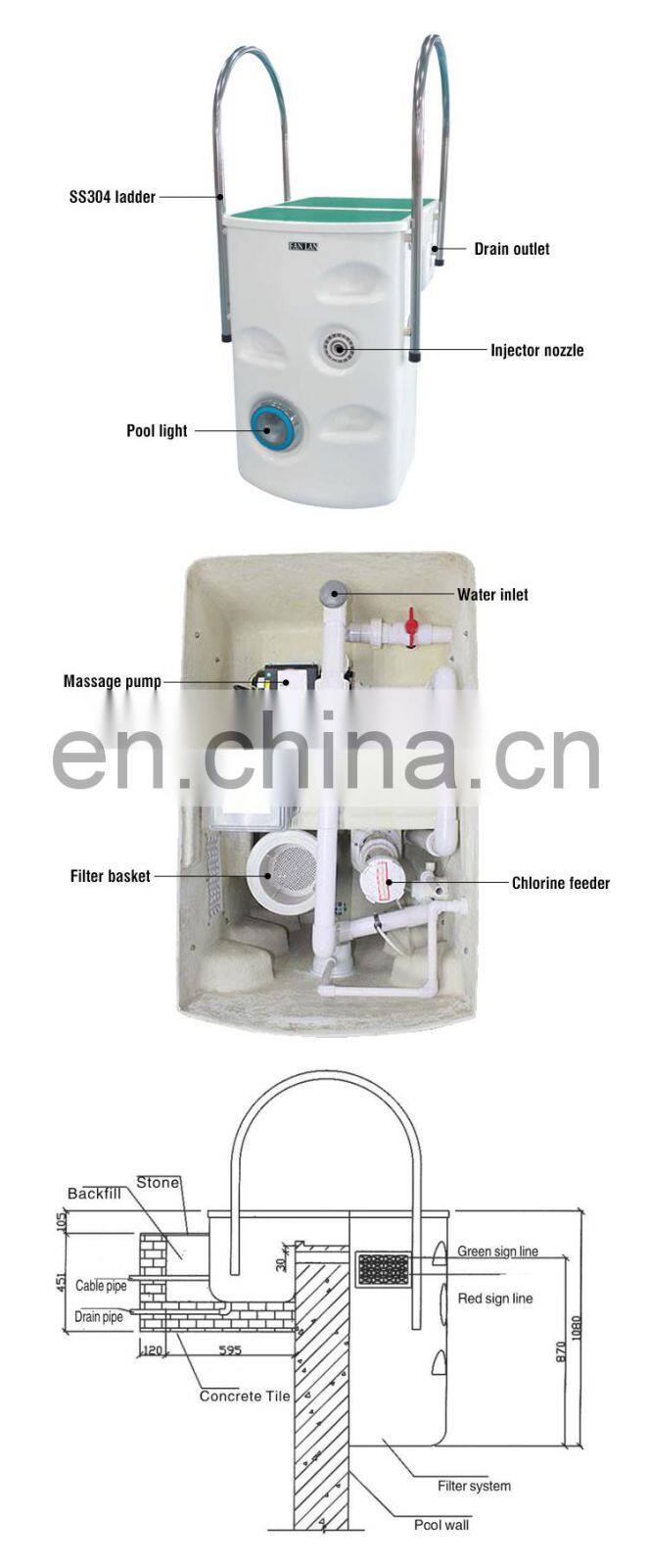 Integrative Wall Hung Pipeless Swimming Pool Water Filter Without Machine Room