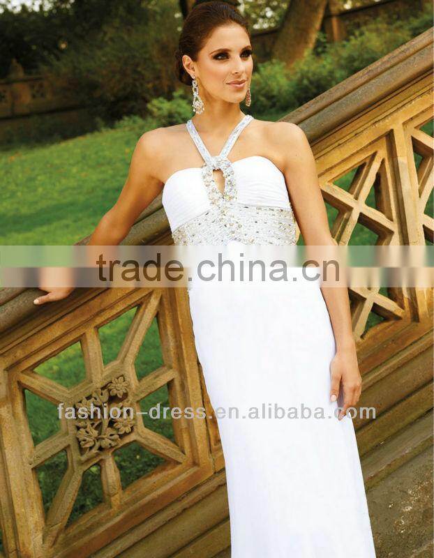 Elegant halter chiffon floor length white and silver evening dresses