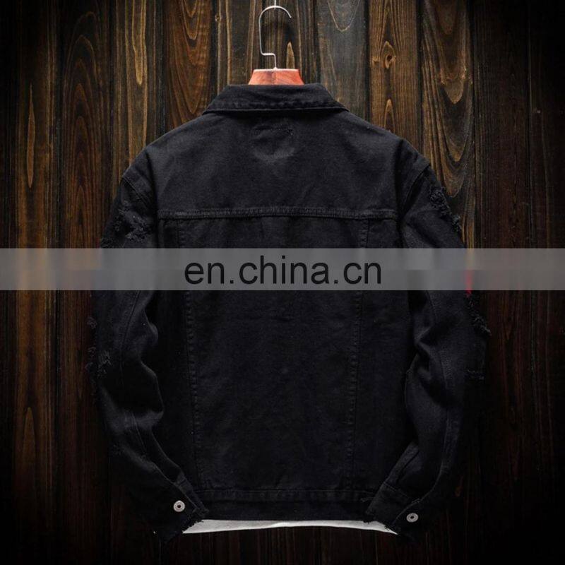 Custom men's denim jacket trendy fashion hip-hop streetwear ripped denim men's motorcycle jacket bomber jacket