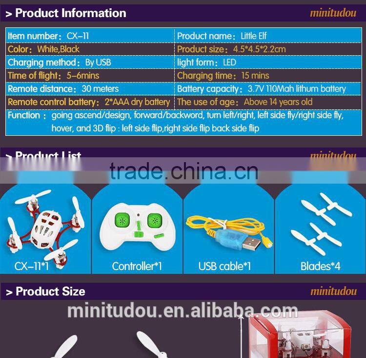 4 channel with 6 Axis gyro MINI drone with 3D stunt function CX-11 world smallest drone