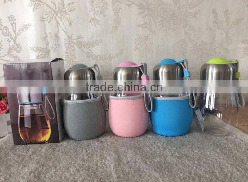 best sell lovely round shape glass tea infuser bottle with sleeve and tea holder