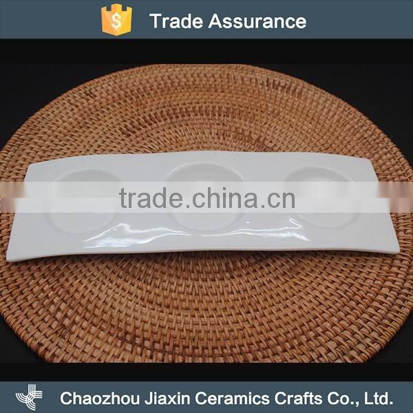 Durable hotel white ceramic three divided snack dish with tray