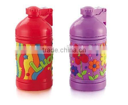2016 Hot Sales Plastic Water Bottle for Kid with Flip Top Lid Cartoon bottle with Heat insulation Silicone Band