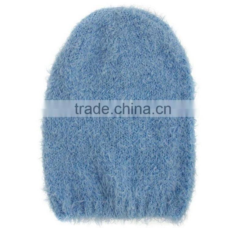 100% polyester light blue fluffy textured knit beanie cap & hat