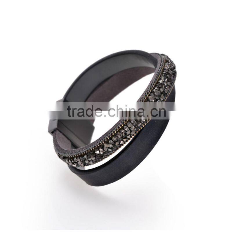 50PC Fashion Double Wrap Leather Bracelet Black Brown Crystal Leather Bangle Magnet Clasp