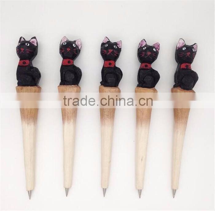 Cute lifelike kitty top carved wood ballpoint pen
