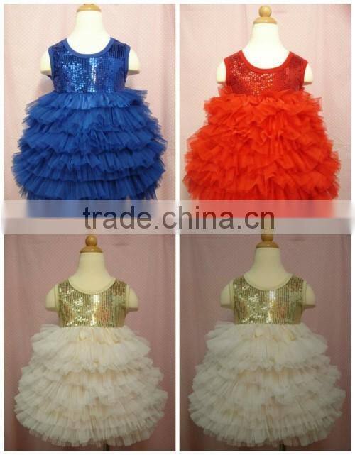 Fashion Handmade Paillette Lace Wedding Dress Custom Sleeveless Layered Dress Kids Girls Party Dress Design
