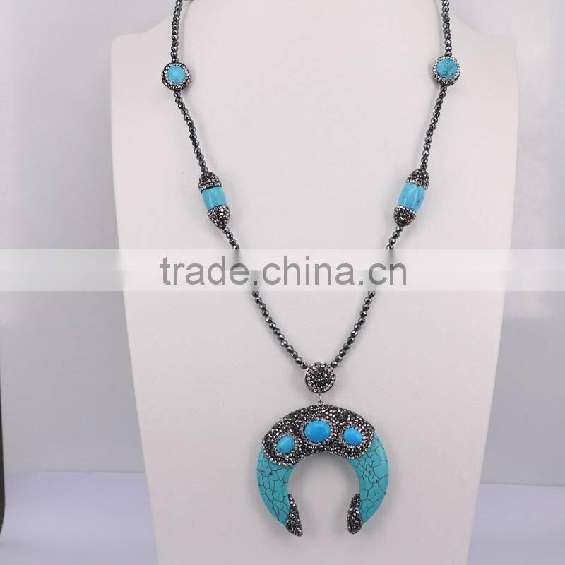 Natural Turquoise Necklace, with 3mm Hematite Beads Necklace, Double Horn Pendant Charm Beaded Gem stone Natural Stone Necklace