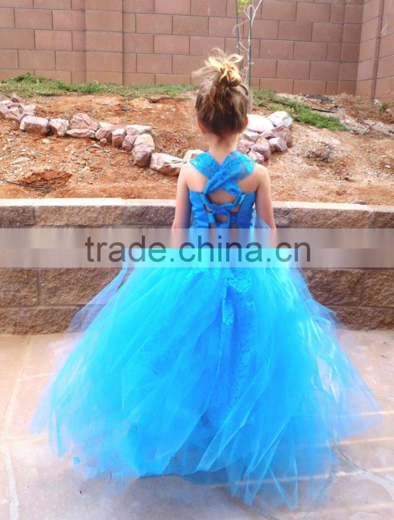 Blue Ruffles Organza Skirt Lace Up Back Custom Flower Girl Dress FGZ27 Cinderella Dresses For Girls
