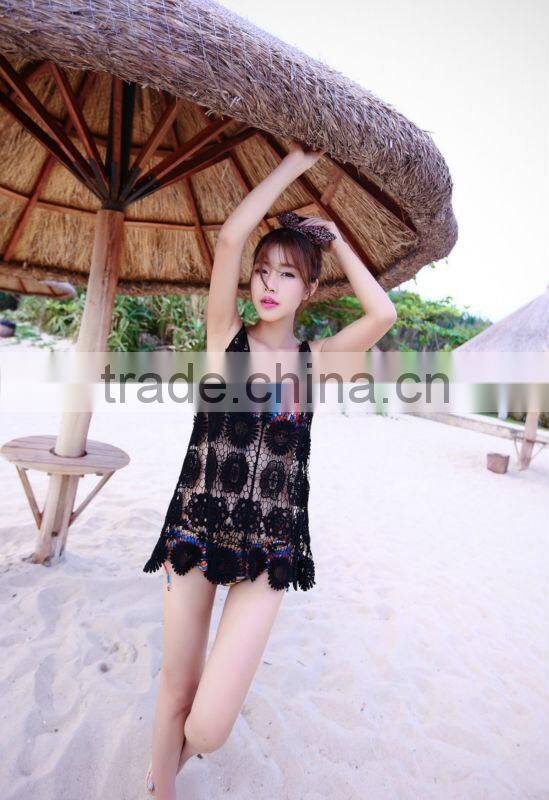 Hot Women Lace Crochet Sleeveless Swimwear Bikini Cover Up Beach Vest Dress Sexy Ladies One Piece Dress Yellow