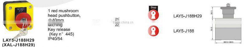 LAY5-J188H29 1red mushroom head pushbutton 40mm latching key release pushbutton with control box