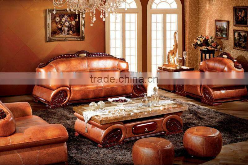 Noble Southeast Asian Style Genuine Leather Sofa Set,Leisure Living Room Stool & Chaise Lounge & Marble Top Coffee Table