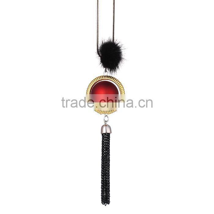 red bead gold hoop pendant long chain necklace black chain tassel necklace pompon necklace