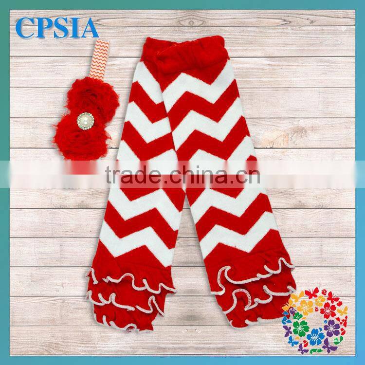 Latest Ruffled Green&Red Chevron Leg Warmers Match with Pretty Headband Stylish Infant Knee Pad