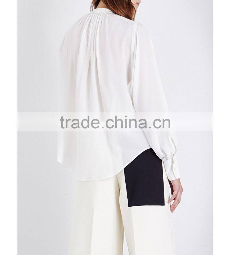 Wholesale Women Fashion Band Collar Long Sleeves White Pleated Silk Crepe De chine Blouse(DQE0156T)