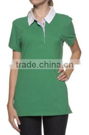 Green women's polo with white collar long length style custom logo polo