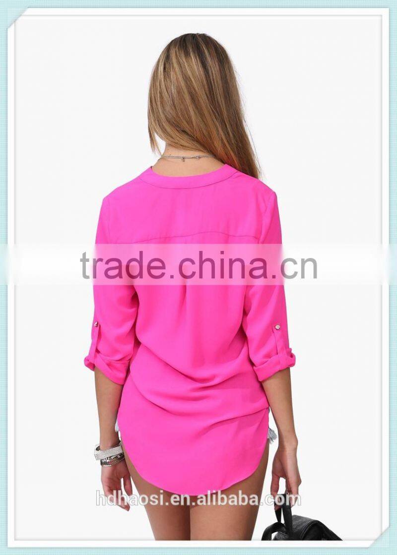Customized New Fashion Cheap long sleeved Chiffon Blouse Women's Loose Casual Sexy Chiffon V-Neck Blouse shirts