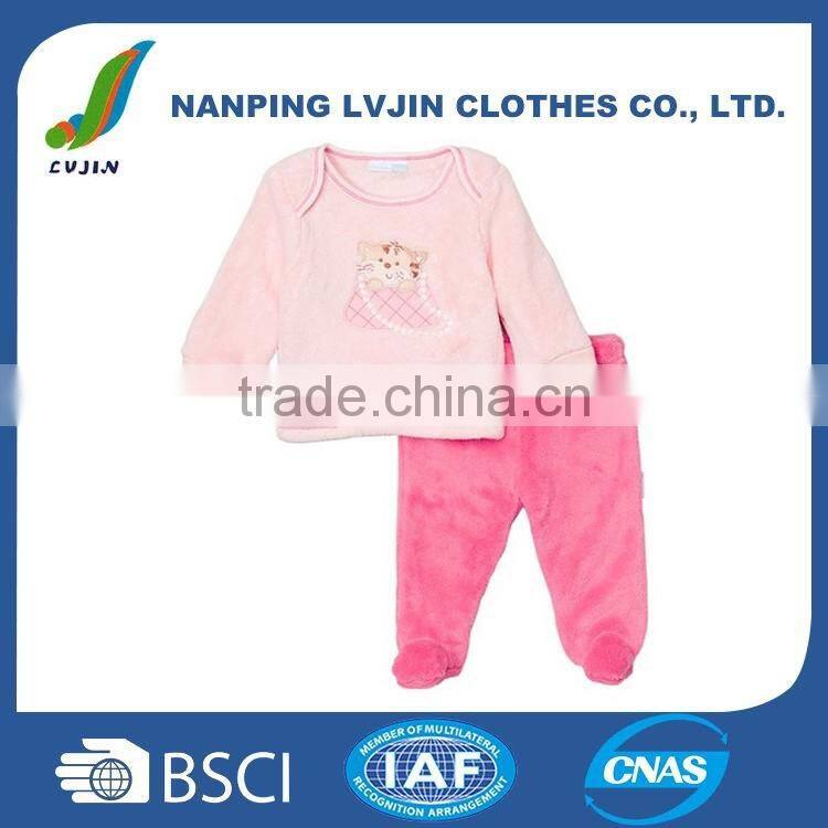 Kids Baby Girls Pink Cat Applique 2 Piece Footed Pant Set Baby Pajamas