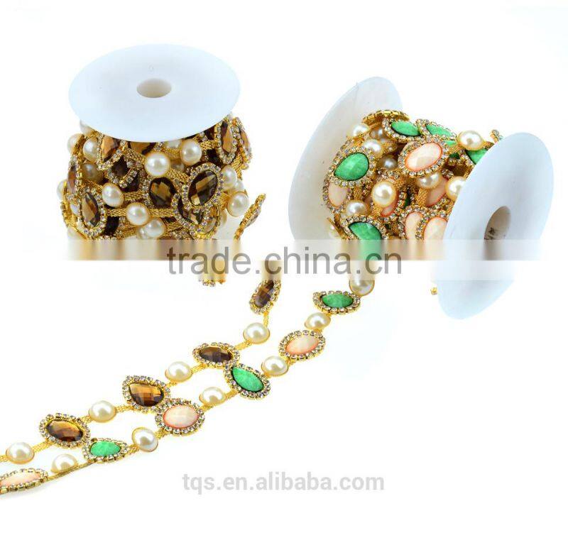 Hot Sell Cup Chain Pearl and Rhinestone Cadena de la taza for Dresses Decoracion