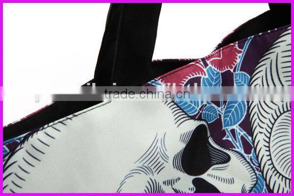 2014 fashion skull printed stripe canvas beach tote bag wholesale