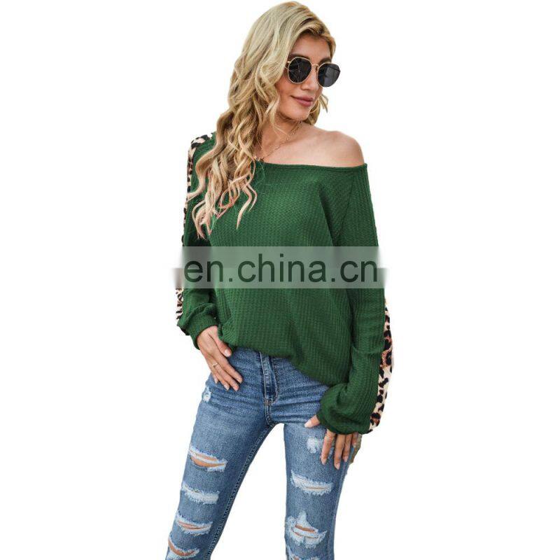 Custom logo spring and autumn women's Amazon autumn and winter new long-sleeved waffle leopard print stitching T-shirt