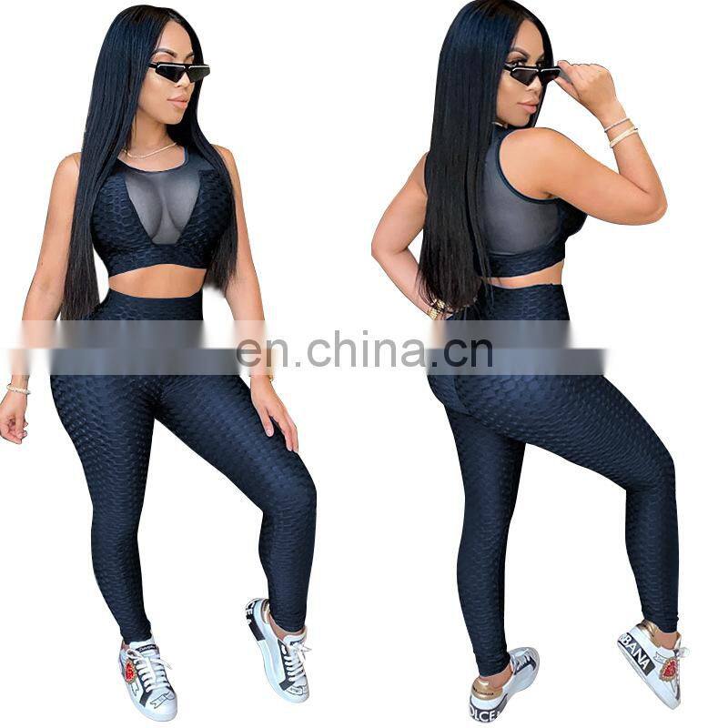 Clothing wholesale custom skinny see-through sexy sleeveless yoga sports suit fashion trend vest trousers suit