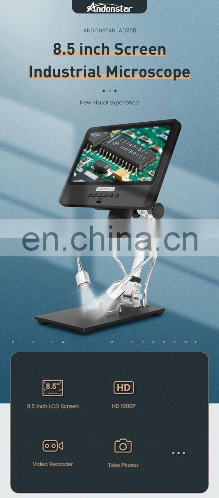Andonstar AD208 2MP 5X-260X USB Digital Microscope With 8.5" LCD 1080P For Repair PCB Soldering SMD