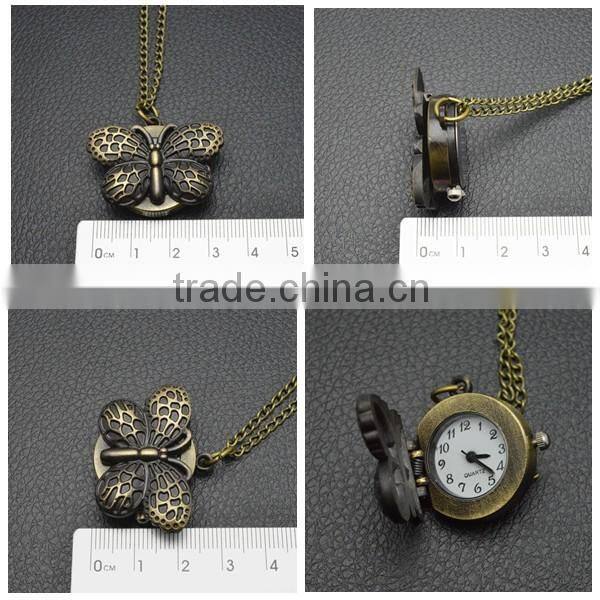 Digital pocket watch with bronze necklace chain quartz movt butterfly watch