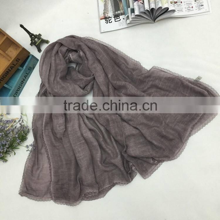 Wholesale Long Large Lace Brim Plain Cotton Linen Scarf Fashion Hijab 2016