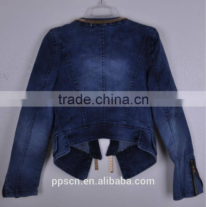 2015 new arrival fashion high quality women denim jacket ,zipper denim jacket leather sleeves wholesale China