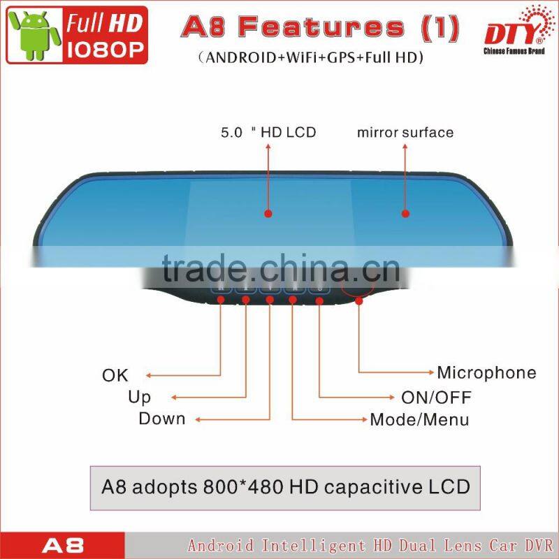 5"Android fhd 1080p car camera dvr video recorder, android rear view mirror car dvr ,GPS Car Navigation Recorder