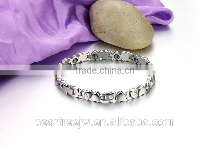 Cubic Zirconia Heart Shape Link Chain Bracelet, Stainless Steel Bio Magnetic Health Energy Bracelet