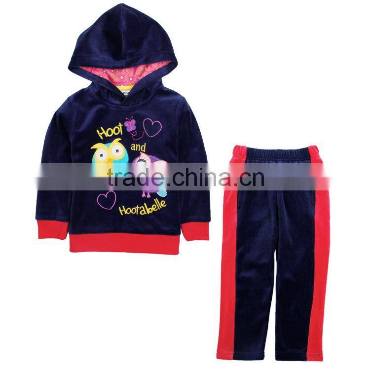 2-6y (FG4448) navy 2015 owl applique children clothing sets nova kids wear fleece winter girls clothing sets with hoodies