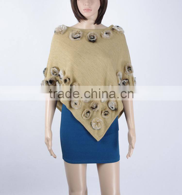 Ladies wool knitting cape with rabbit small flowers,KZ150018