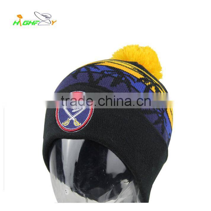 custom embroidery patch logo winter palm pattern jacquard logo knitted beanie hat with pom pom