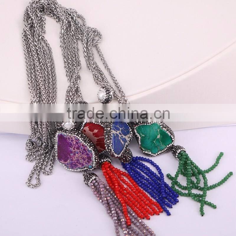 Jasper Stone Charms Druzy Tassel Necklace, Gem Stone Druzy Pendant, Pave Crystal Glass Tassel Jewelry, Stone Chain Necklace