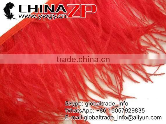 CHINAZP Hot Sale Feather Size 5-6 Inch Strip Two Ply Dyed Red Ostrich Fringe Trim Feathers on Ribbons