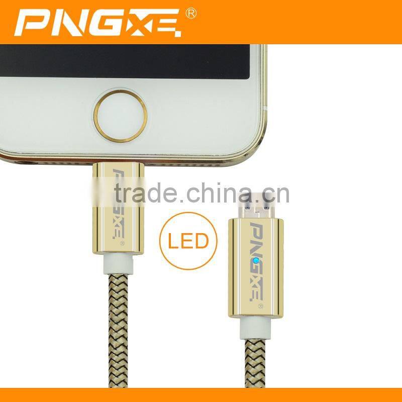 PNGXE 2015 Newest Coming Zinc Alloy Braided Super Fast Charging Led Micro Usb Cable Support For IOS9 System