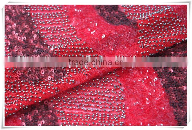 Modern design red beads sequin upholstery lace fabric textiles for dress
