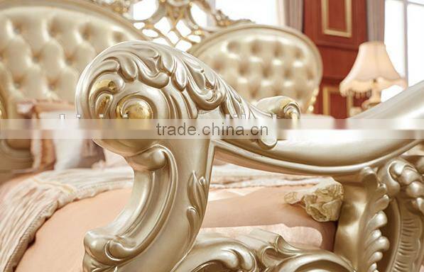 Solid wood champagne gold carving double bed with leather headboard